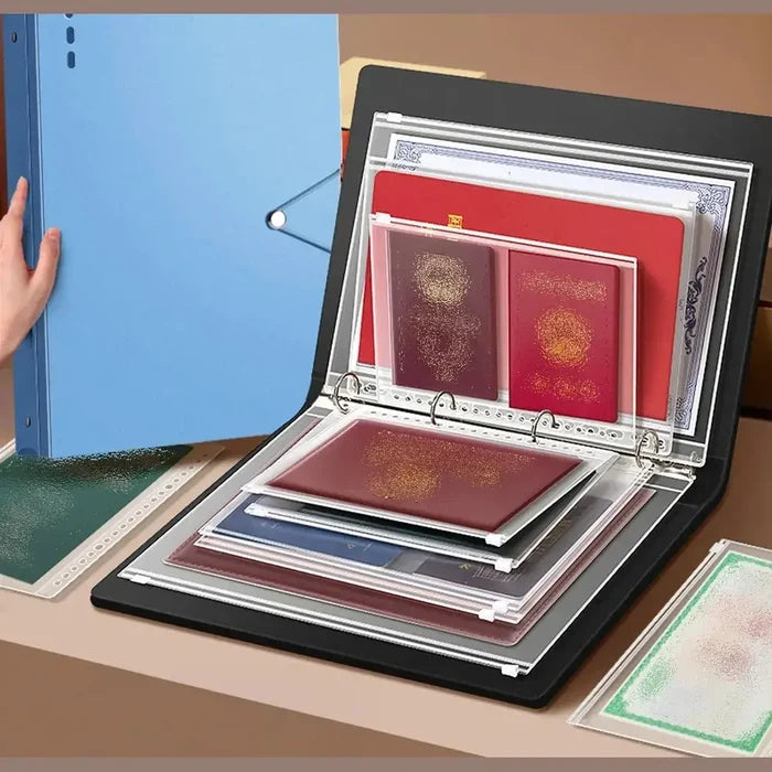 Close-up of a 12-pocket family document organizer showcasing clear pockets filled with important papers and cards.