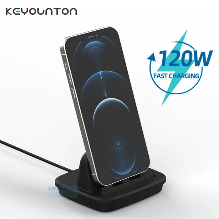 120W USB-C Fast Charging Dock with phone docked and charging cable connected