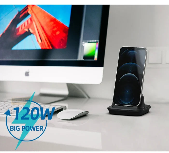 120W USB-C Fast Charging Dock on a desk next to a laptop and monitor