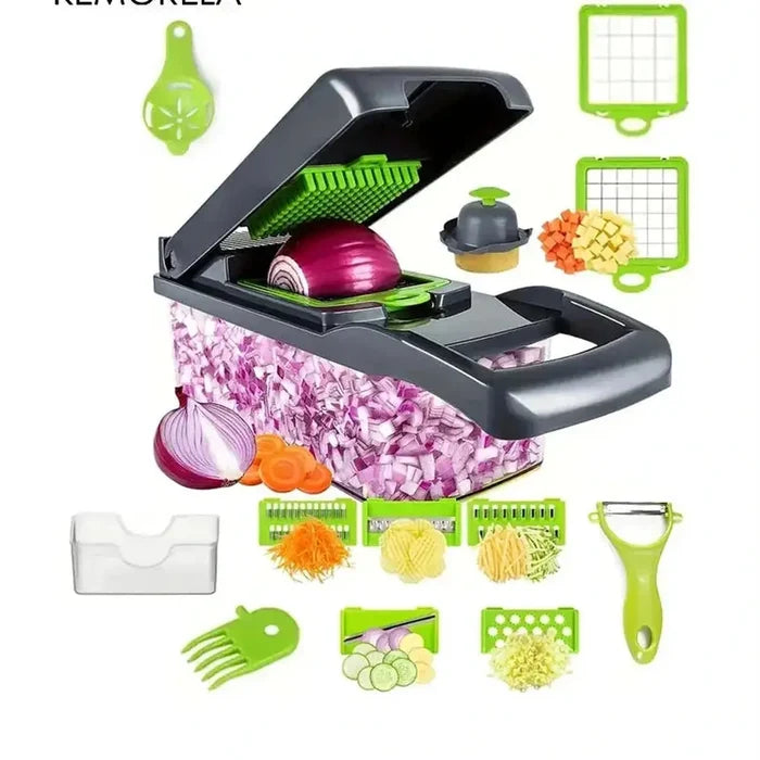 Multi-functional vegetable chopper featuring various attachments for efficient chopping and food prep.