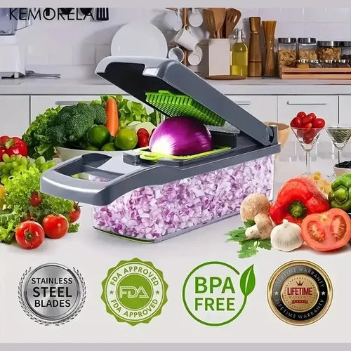 Multi-functional vegetable chopper with stainless steel blades and built-in container for easy meal prep.