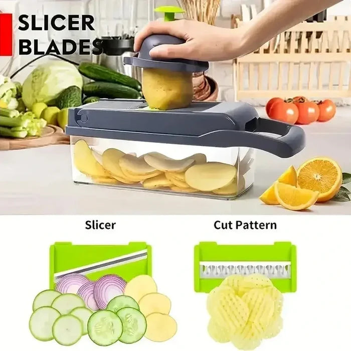 Multi-functional vegetable chopper with slicer blades for easy prep and minimal countertop clutter.
