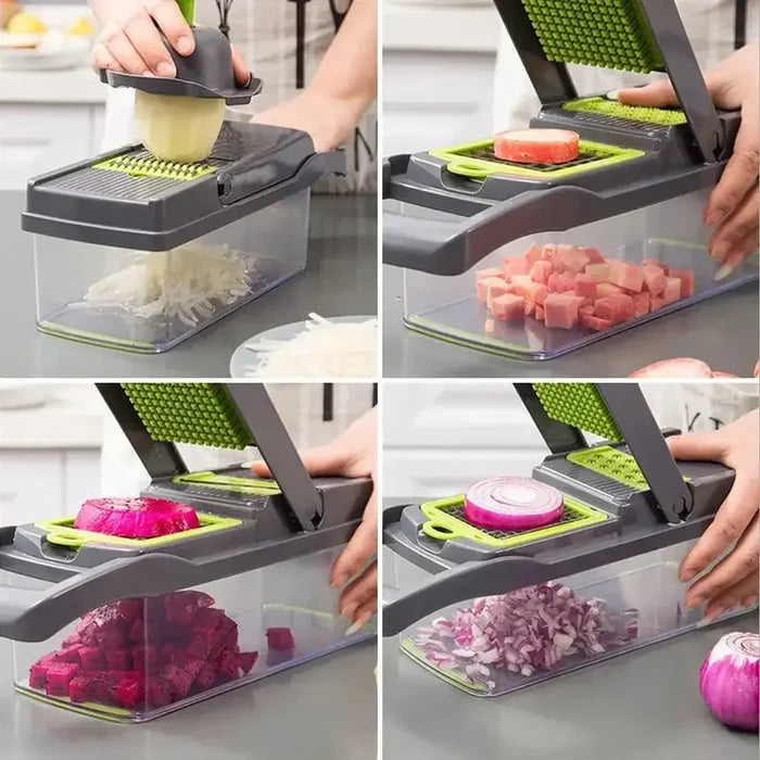 Multi-functional vegetable chopper effortlessly slicing and dicing various vegetables in a compact design.