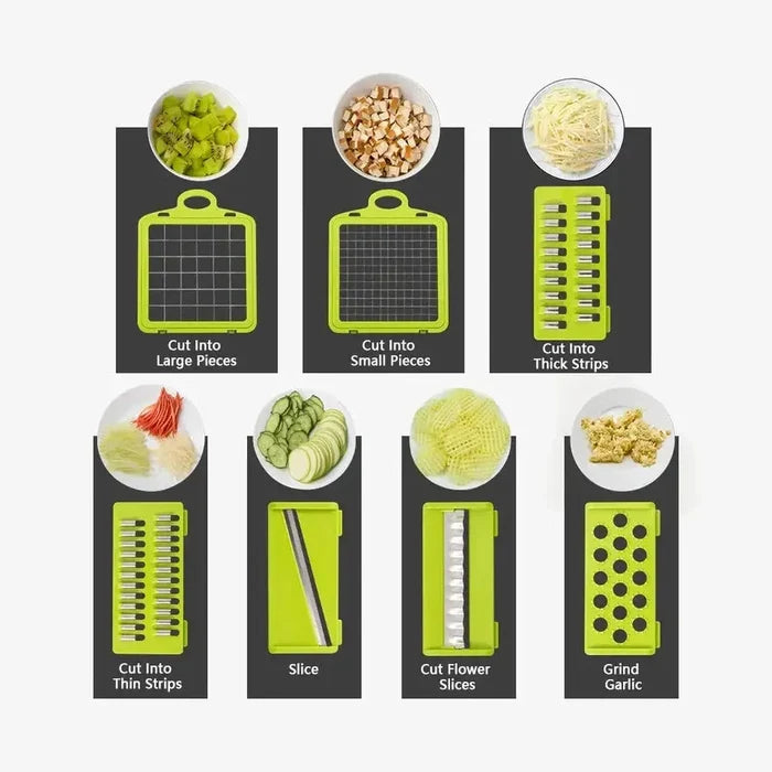 Multi-functional vegetable chopper with various cutting styles for efficient meal prep.