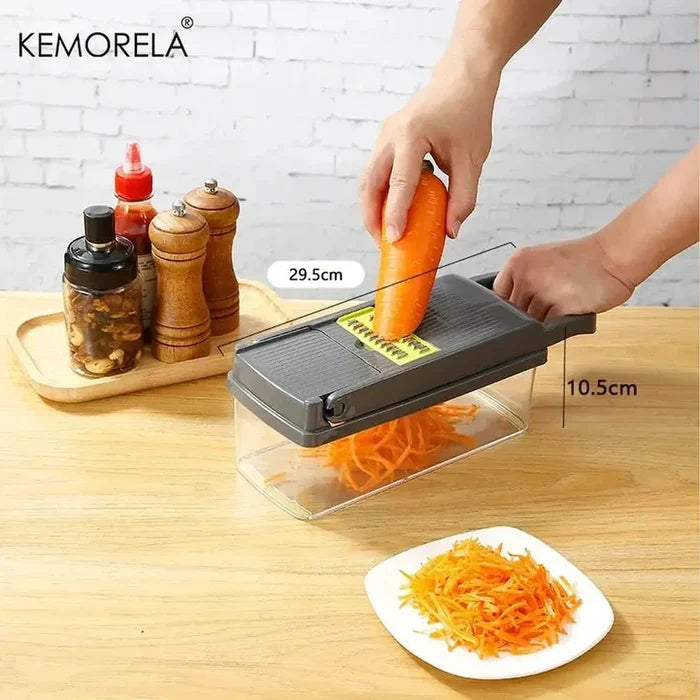Multi-functional vegetable chopper in action, effortlessly shredding carrots with built-in container for easy cleanup.