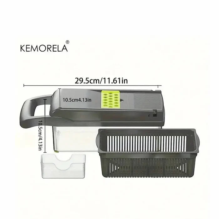 Multi-functional vegetable chopper with measurement details for precise kitchen prep.