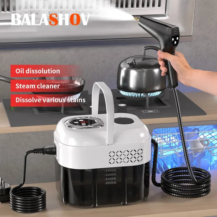 1500W handheld steam cleaner in use for oil dissolution and stain removal.