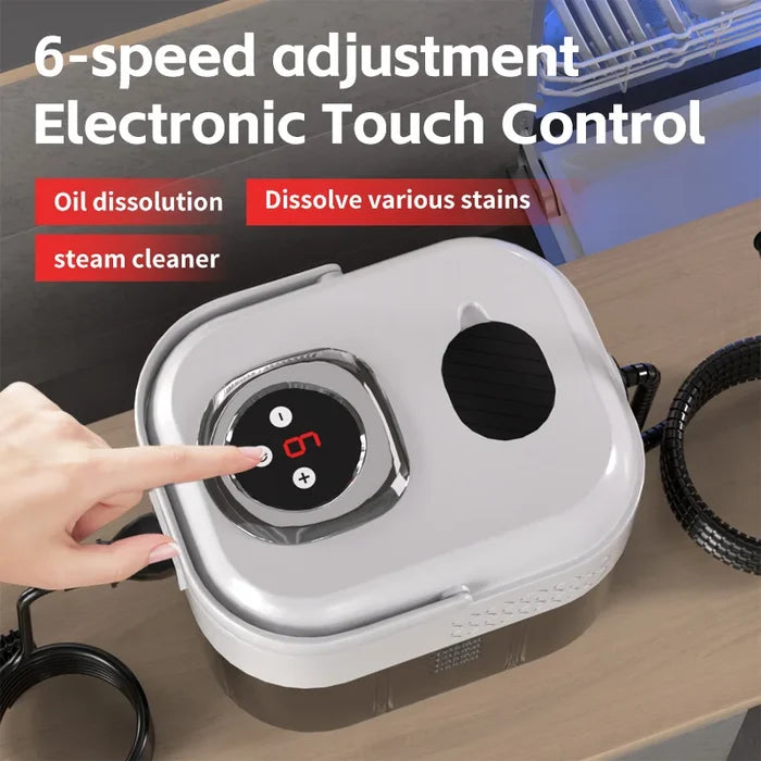 1500W handheld steam cleaner with 6-speed adjustment and electronic touch control for effective stain removal.