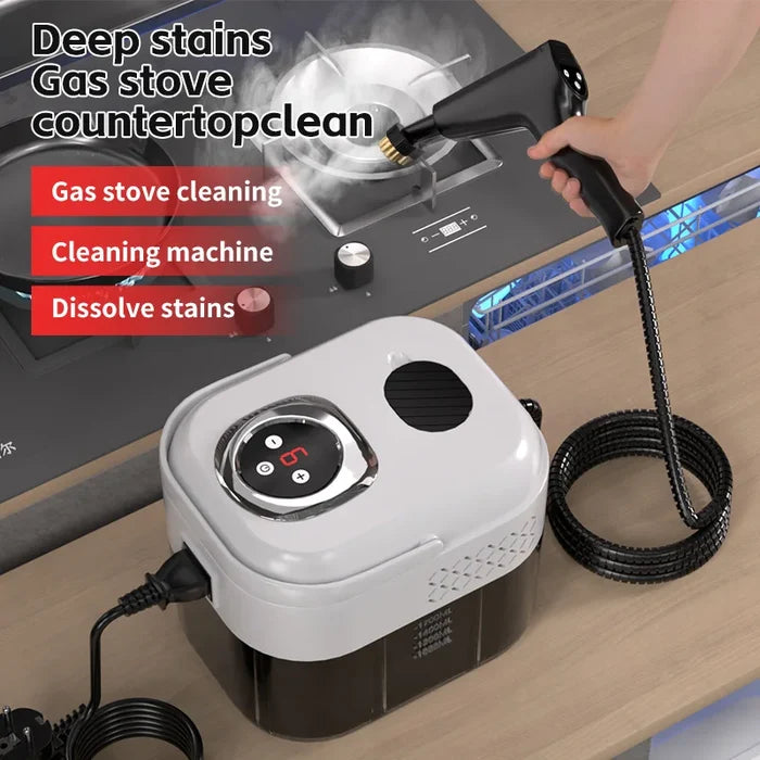 1500W handheld steam cleaner for deep cleaning gas stove and surfaces, efficiently dissolving tough stains.