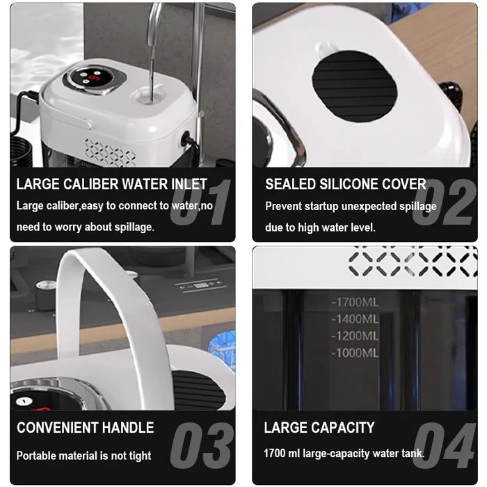 Features of 1500W handheld steam cleaner: large water inlet, sealed cover, convenient handle, large water tank.