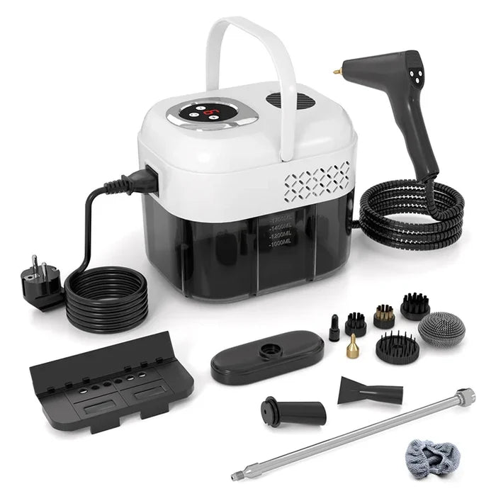 1500W handheld steam cleaner with accessories, EU or US plug, designed for efficient home cleaning.