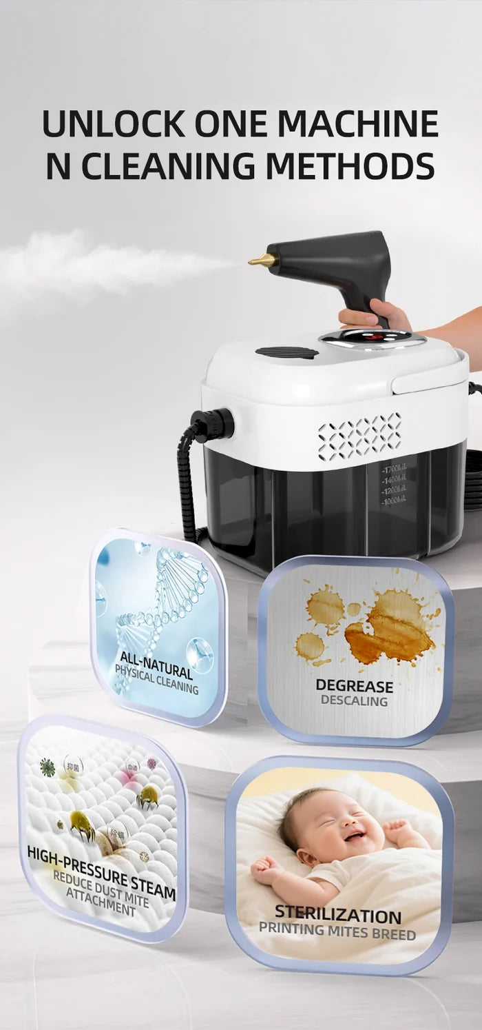 1500W handheld steam cleaner showcasing various cleaning methods and features for effective cleaning solutions.