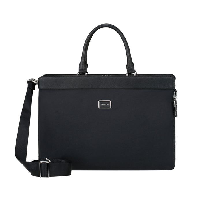 Samsonite 15.6" black briefcase with multiple compartments and a sleek design, ideal for business travel.