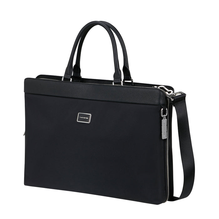 Samsonite 15.6" black briefcase with padded laptop compartment and adjustable shoulder strap.