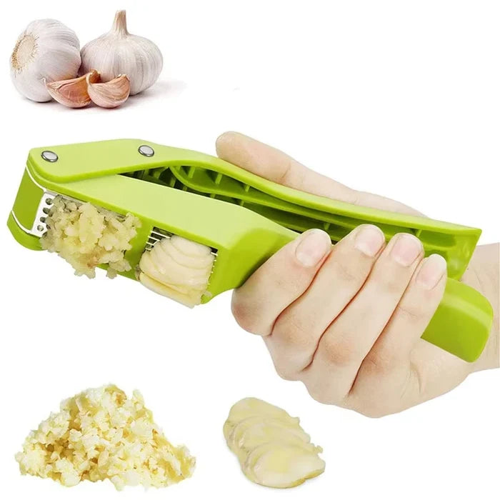 2-in-1 garlic press and slicer in action, easily crushing and slicing garlic for meal prep.