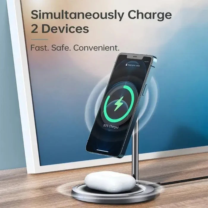 2-in-1 Wireless Charging Stand charging a phone and earbuds simultaneously