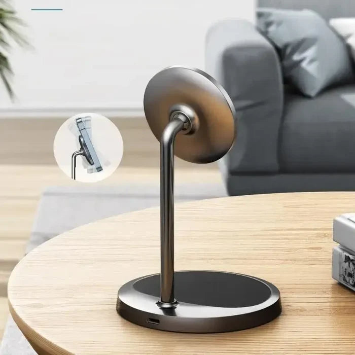2-in-1 Wireless Charging Stand on a nightstand with phone at viewing angle