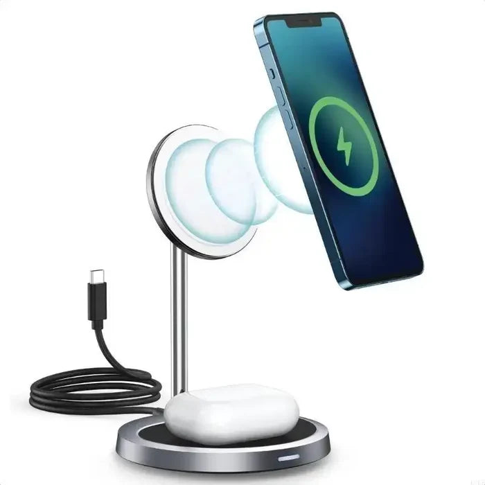 Phone resting on the 2-in-1 Wireless Charging Stand while charging