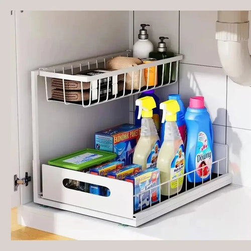 under-sink organizer with pull-out basket showcasing cleaning supplies and toiletries neatly organized.