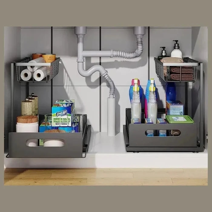 Under-sink organizer with pull-out basket showcasing organized cleaning supplies and toiletries.