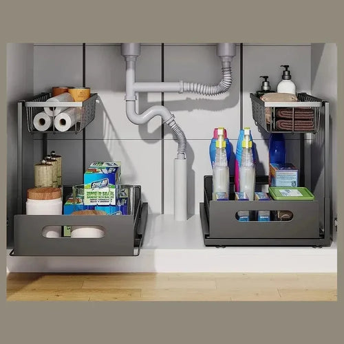 Under-sink organizer with pull-out basket showcasing organized cleaning supplies and toiletries.