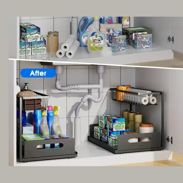 Under-sink organizer with pull-out basket neatly storing cleaning supplies and toiletries in a tidy cabinet.