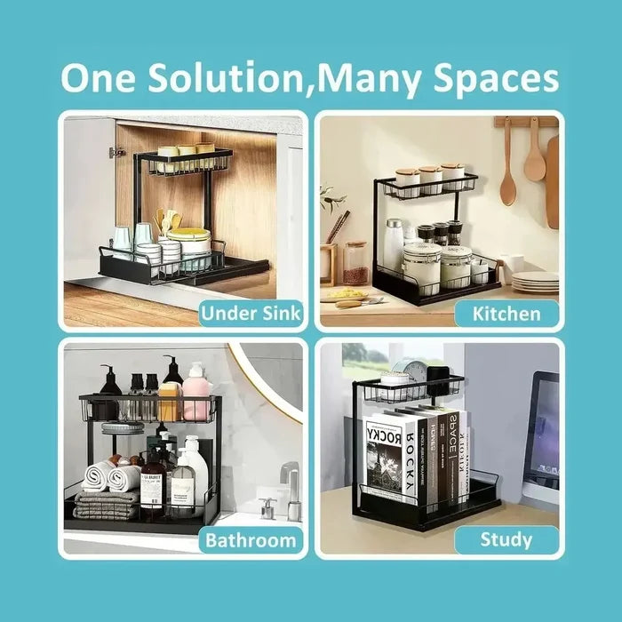 Versatile under-sink organizer with pull-out basket for kitchen, bathroom, and study storage solutions.