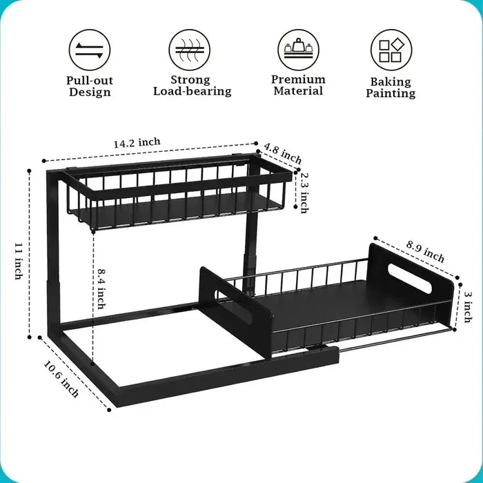 2-Tier Under-Sink Organizer with Pull-Out Basket dimensions and features for optimized storage solutions.