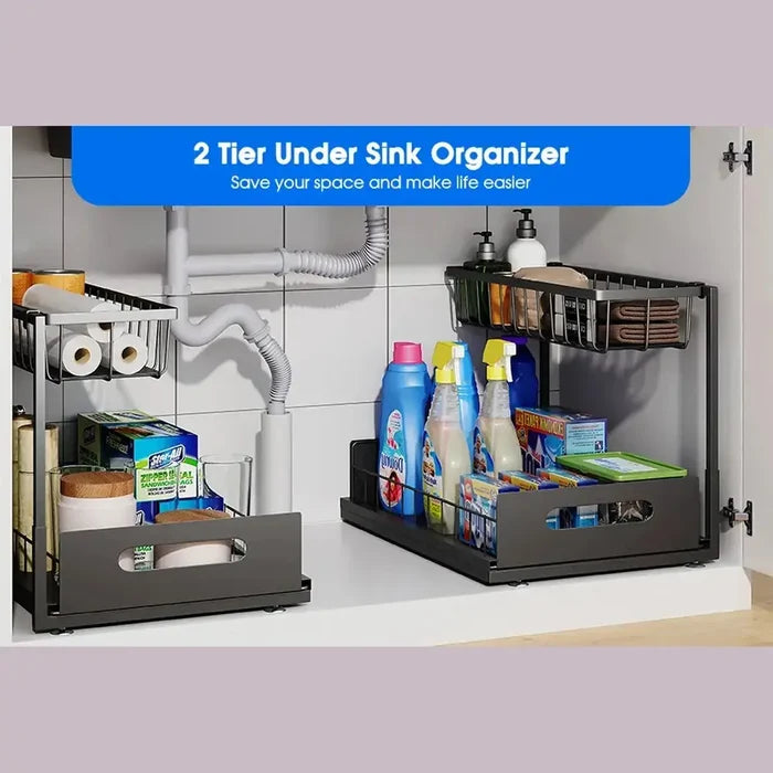 2-Tier Under-Sink Organizer with Pull-Out Basket to maximize storage space and organize cleaning supplies.