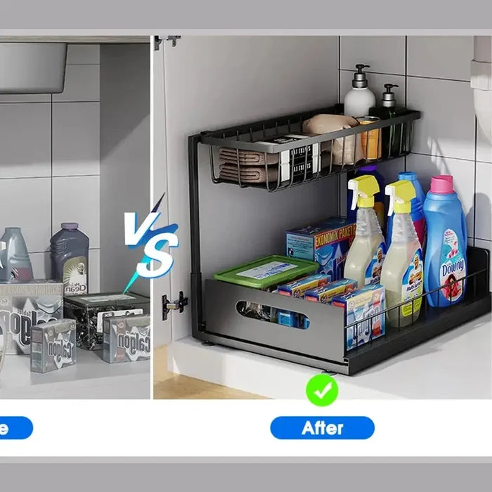 Before and after image of under-sink organizer with pull-out basket to enhance storage efficiency.