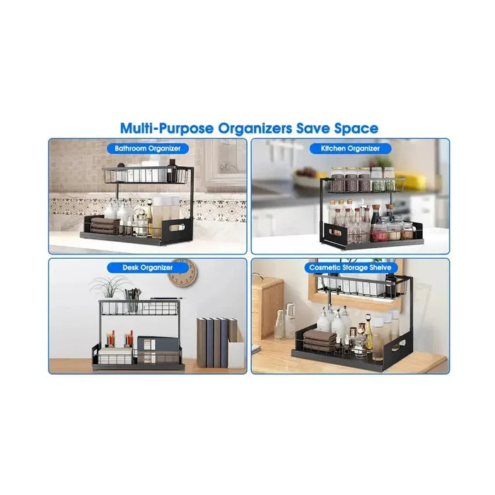 Multi-purpose under-sink organizer with pull-out basket to save space and keep essentials accessible.