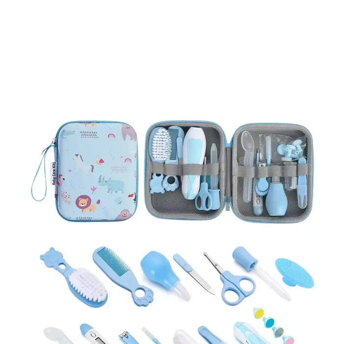 20-Piece Grooming and Healthcare Kit for babies showcasing essential blue accessories for caregivers.