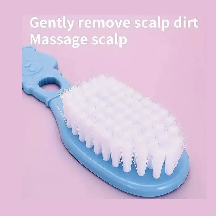 Blue hairbrush for baby grooming, gently removes scalp dirt and massages scalp, part of baby grooming kit essentials.