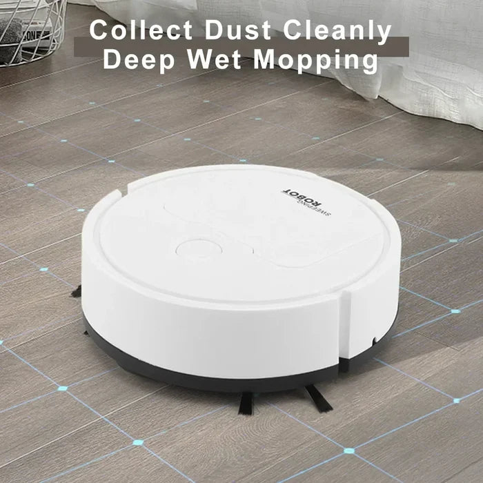 Robotic vacuum cleaner on a tiled floor with text 'Collect Dust Cleanly Deep Wet Mopping'.