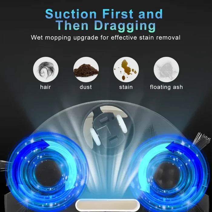 Cleaning device with blue lights and text about wet mopping for stain removal.