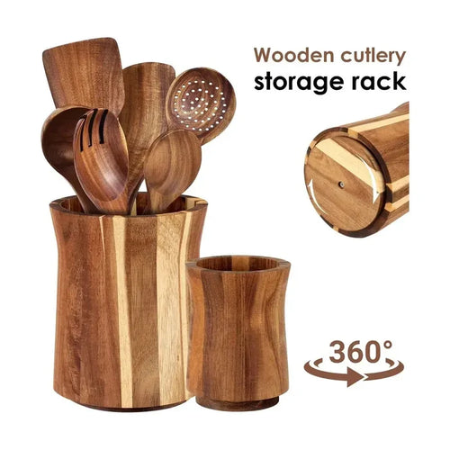 360 degree rotating utensil holder with wooden cutlery storage rack.
