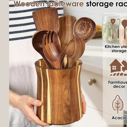 360 degree rotating utensil holder displaying wooden tableware.