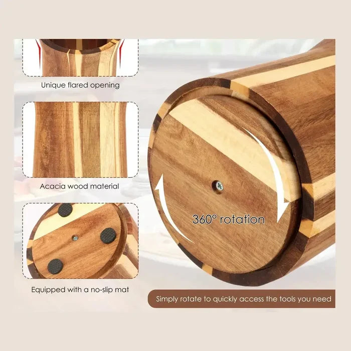 360 degree rotating utensil holder showcasing unique flared opening and no-slip bottom for easy access to kitchen tools.