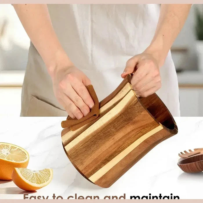360 degree rotating utensil holder made of acacia wood, easy to clean and maintain for kitchen organization.