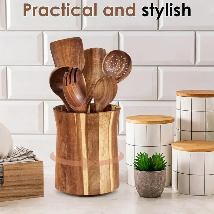 360° Rotating Acacia Wood Utensil Holder – Countertop Kitchen Tool Organizer – Kitchen Organizer