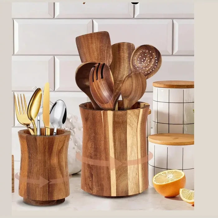 360° Rotating Acacia Wood Utensil Holder – Countertop Kitchen Tool Organizer – Kitchen Organizer