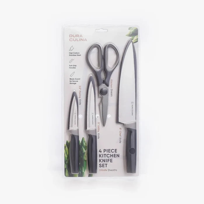 4 Piece Kitchen Knife Set- Chef, Utility, Paring, Multi Purpose Shears, and Matching Blade Guards-0