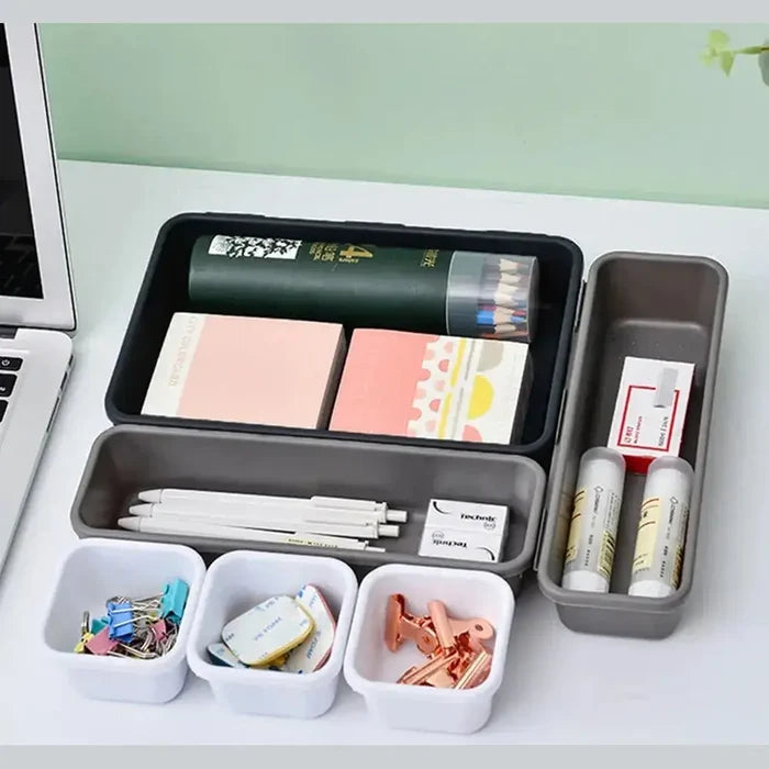 modular makeup organizer set with various storage bins and office supplies
