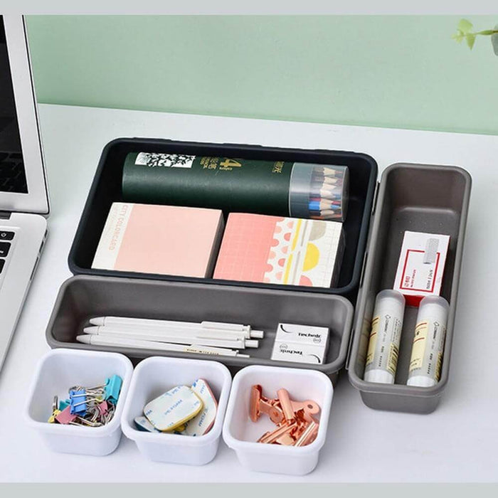 modular makeup organizer set with various office supplies