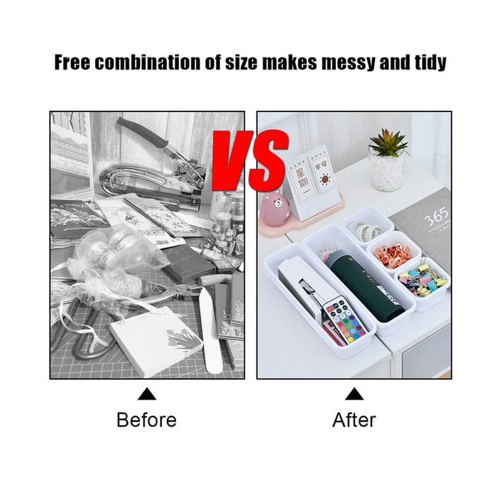 Before and after comparison of a modular makeup organizer set effectively reducing clutter and creating tidy storage solutions.