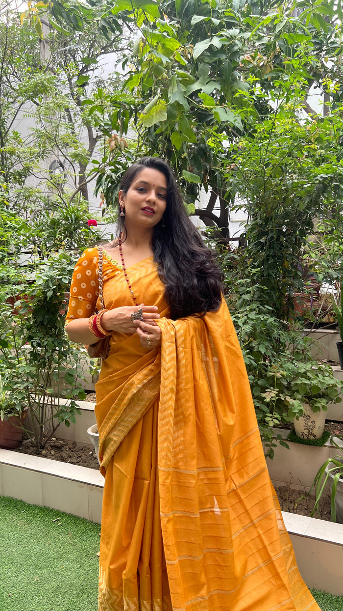 Chanderi Silk Mustard Yellow Saree with Running Blouse-Indiehaat