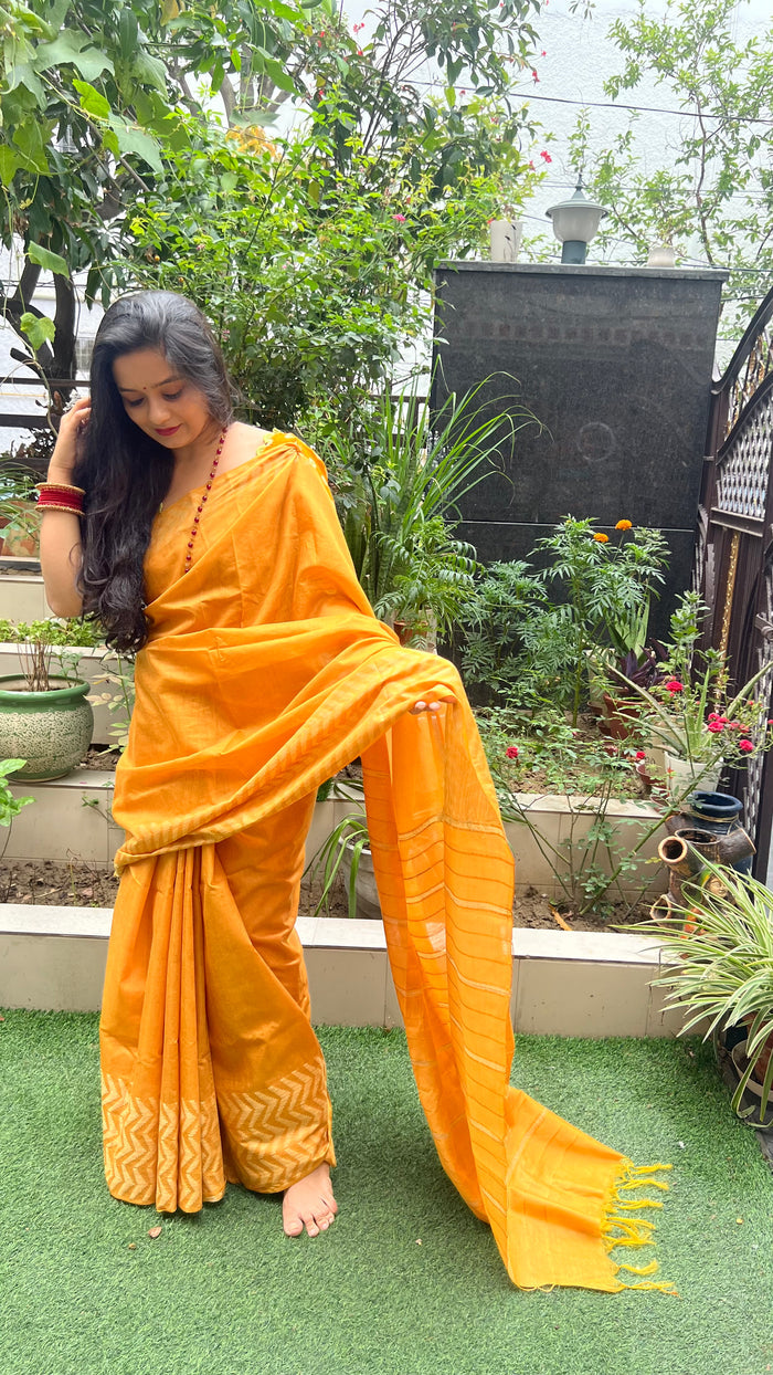 Chanderi Silk Mustard Yellow Saree with Running Blouse-Indiehaat