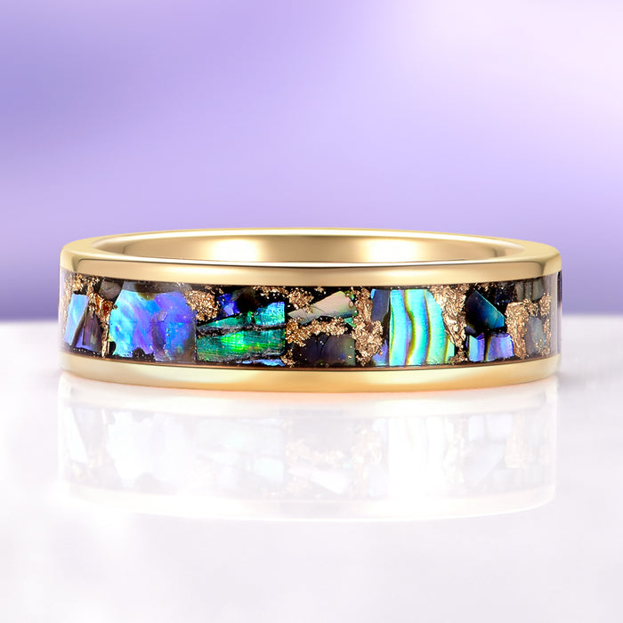 Natural Paula Shell Wedding Band in Yellow Gold Tungsten (6MM) by Aquamarise, featuring a polished yellow gold tungsten band with vibrant crushed Paula shell inlay, part of Men’s and Women’s Wedding Bands and Inlay Wedding Bands collections.