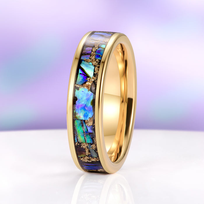 Natural Paula Shell Wedding Band in Yellow Gold Tungsten (6MM) by Aquamarise, featuring a polished yellow gold tungsten band with a vibrant inlay of crushed natural Paula shell, part of Men’s and Women’s Wedding Bands, Inlay Wedding Bands, and Birthstone Jewelry collections.