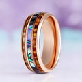 Abalone shell and whiskey barrel wood men's wedding band in rose gold tungsten